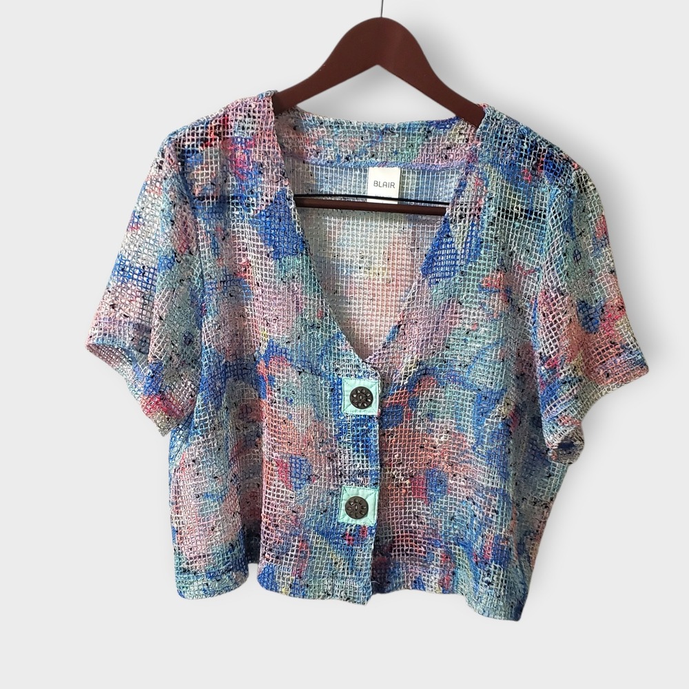 Blair Colorful Mesh Cropped Button Front  Cardigan Boxy Top Large Boho Fairy Y2K